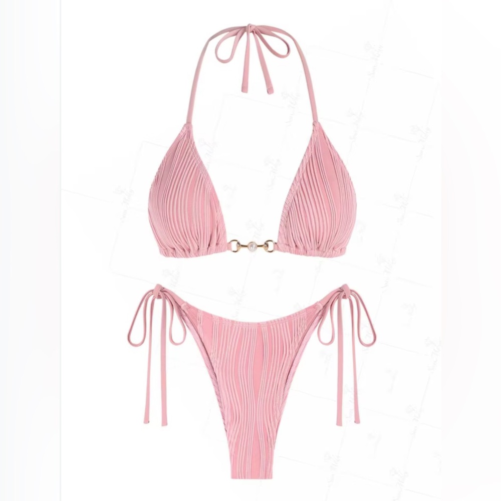 Wave Textured Metal Faux Pearl Triangle Tanga Bikini Set - Light Pink M NWT